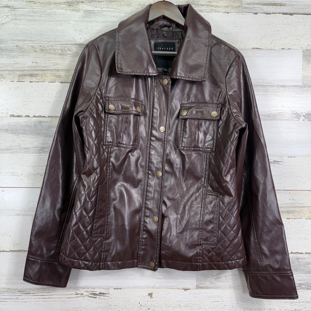 Therapy Faux Leather Quilted Jacket Womens Large Brown Motorcycle Moto Style